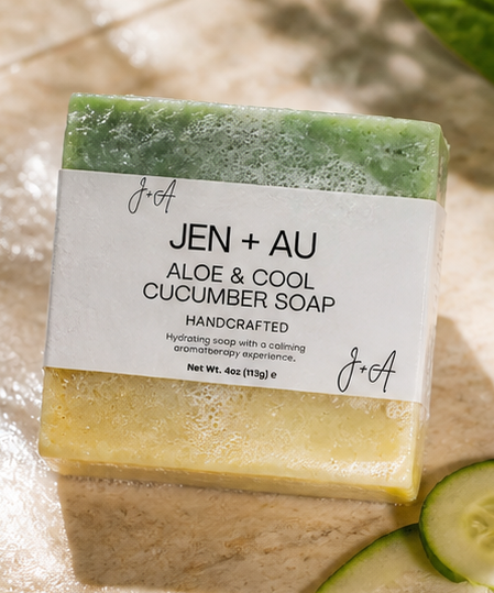 Handcrafted aloe and cucumber soap bar with a label on a stone surface.