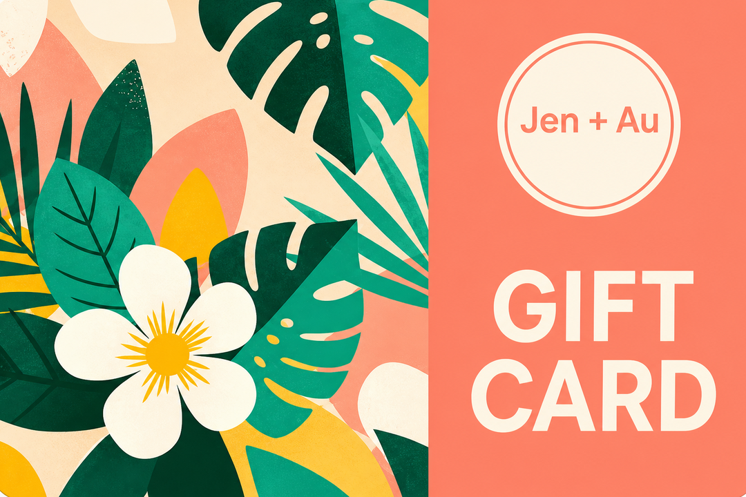 Gift card with tropical leaf and flower design on a pink background