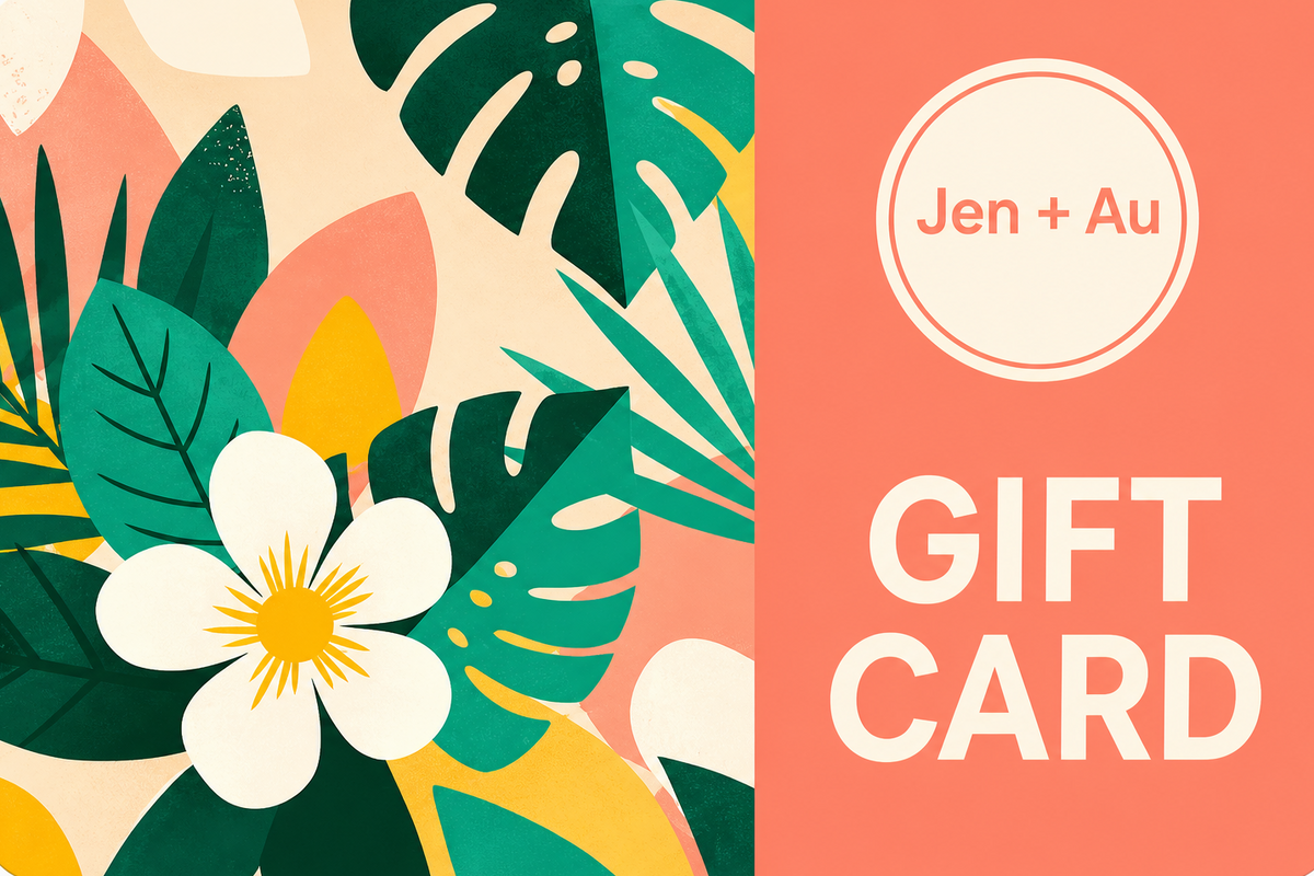 Gift card with tropical leaf and flower design on a pink background