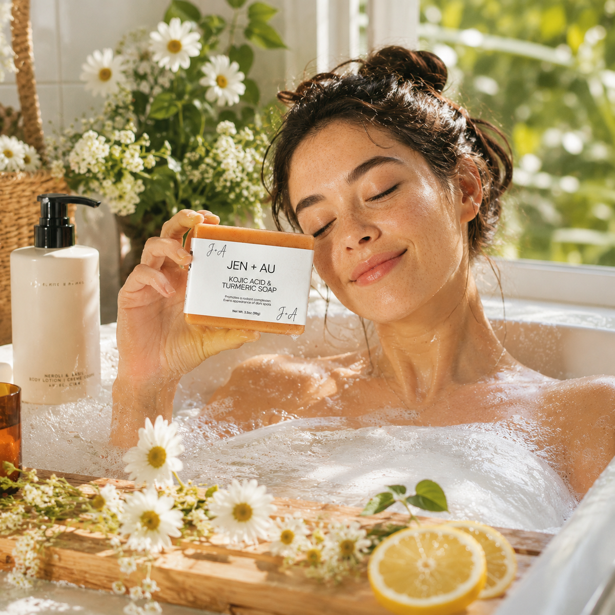 Woman in a bathtub holding a jar of JEN & ANI product with flowers and lemons on the side.