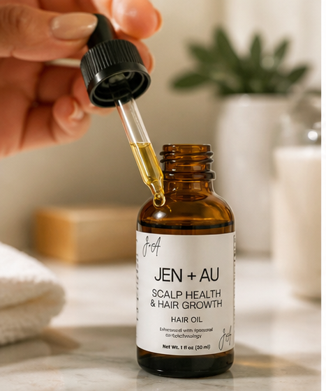 Bottle of Jen + Au Scalp Health & Hair Growth Hair Oil with a dropper being used.