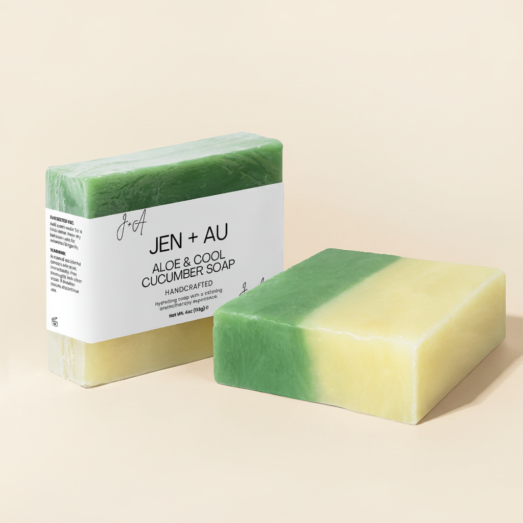 Jen + Au Aloe & Cool Cucumber Soap with cream background