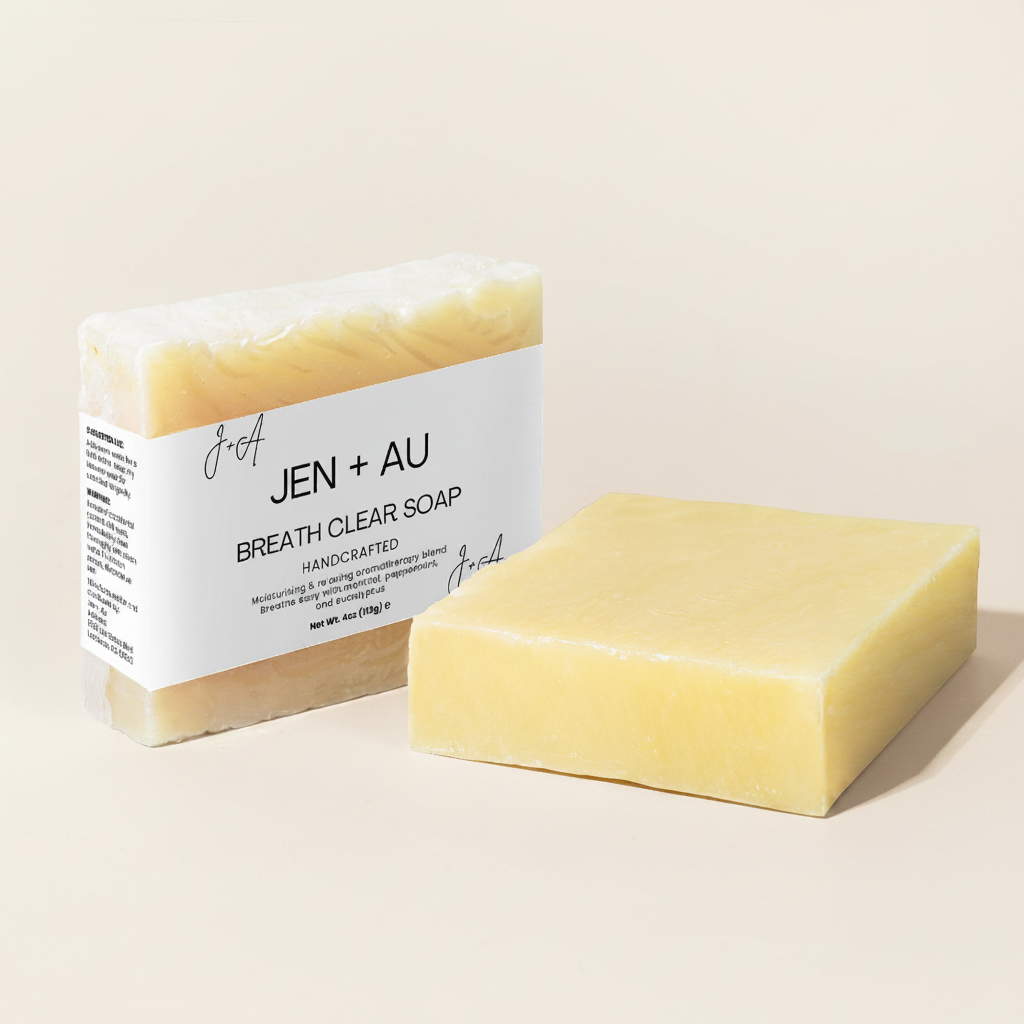 Jen + Au Breath Clear Soap with cream background