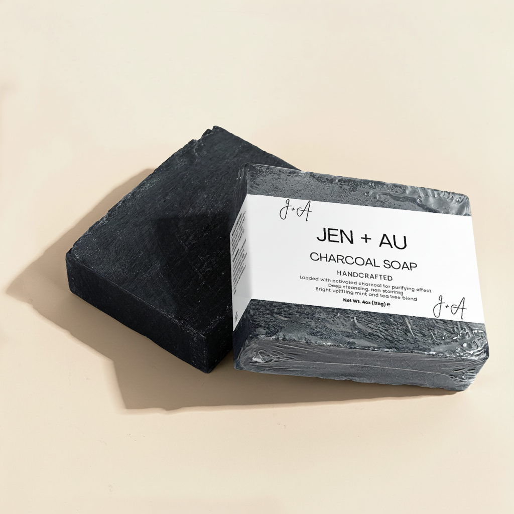 Jen + Au Charcoal Soap with cream background