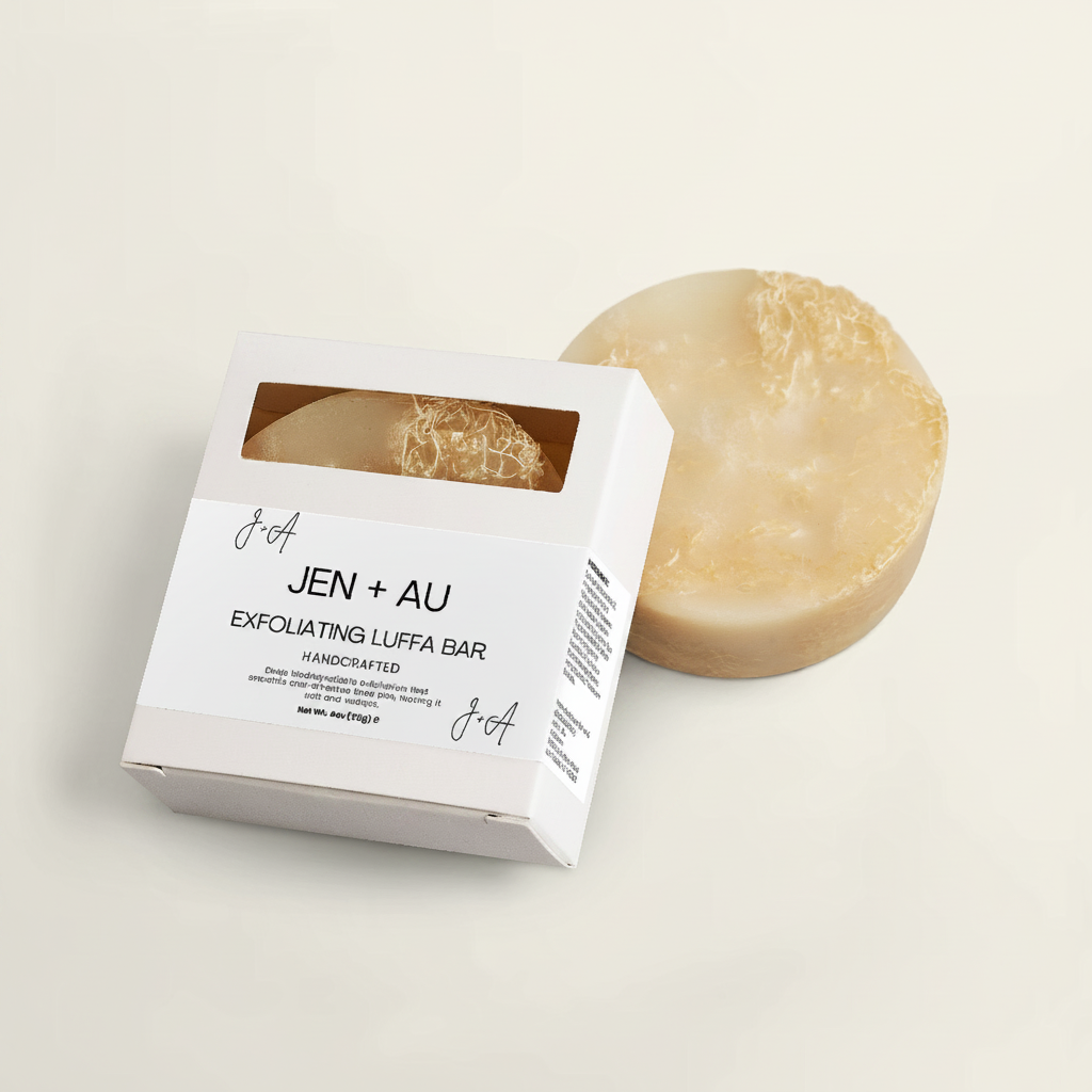 Jen + Au Exfoliating Luffa Bar with cream background