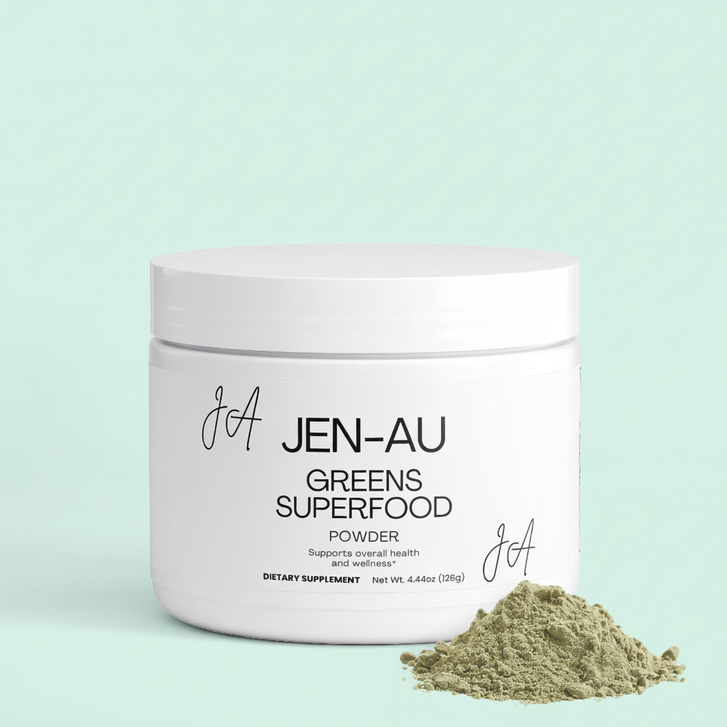 Jen-Au Greens Superfood Powder with Mint Background