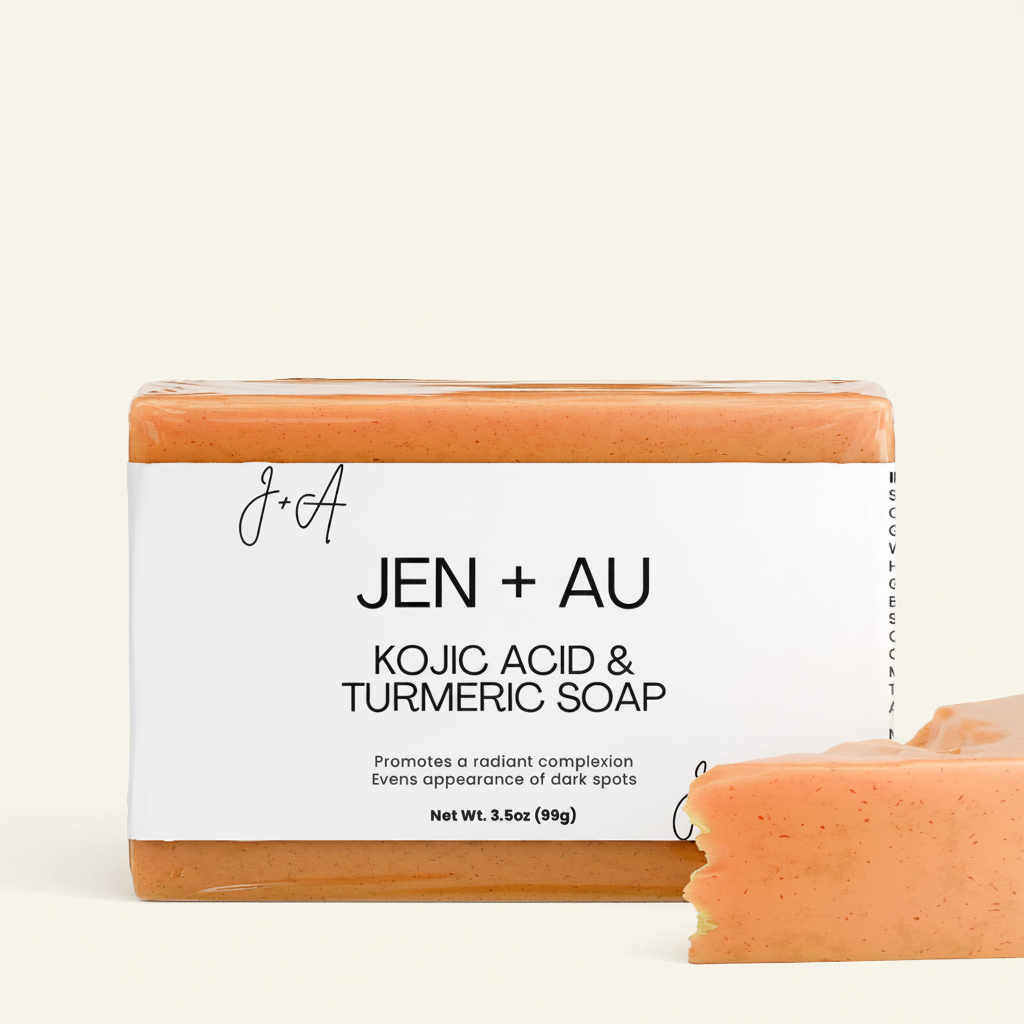 Jen + Au Kojic Acid & Turmeric Soap with cream background