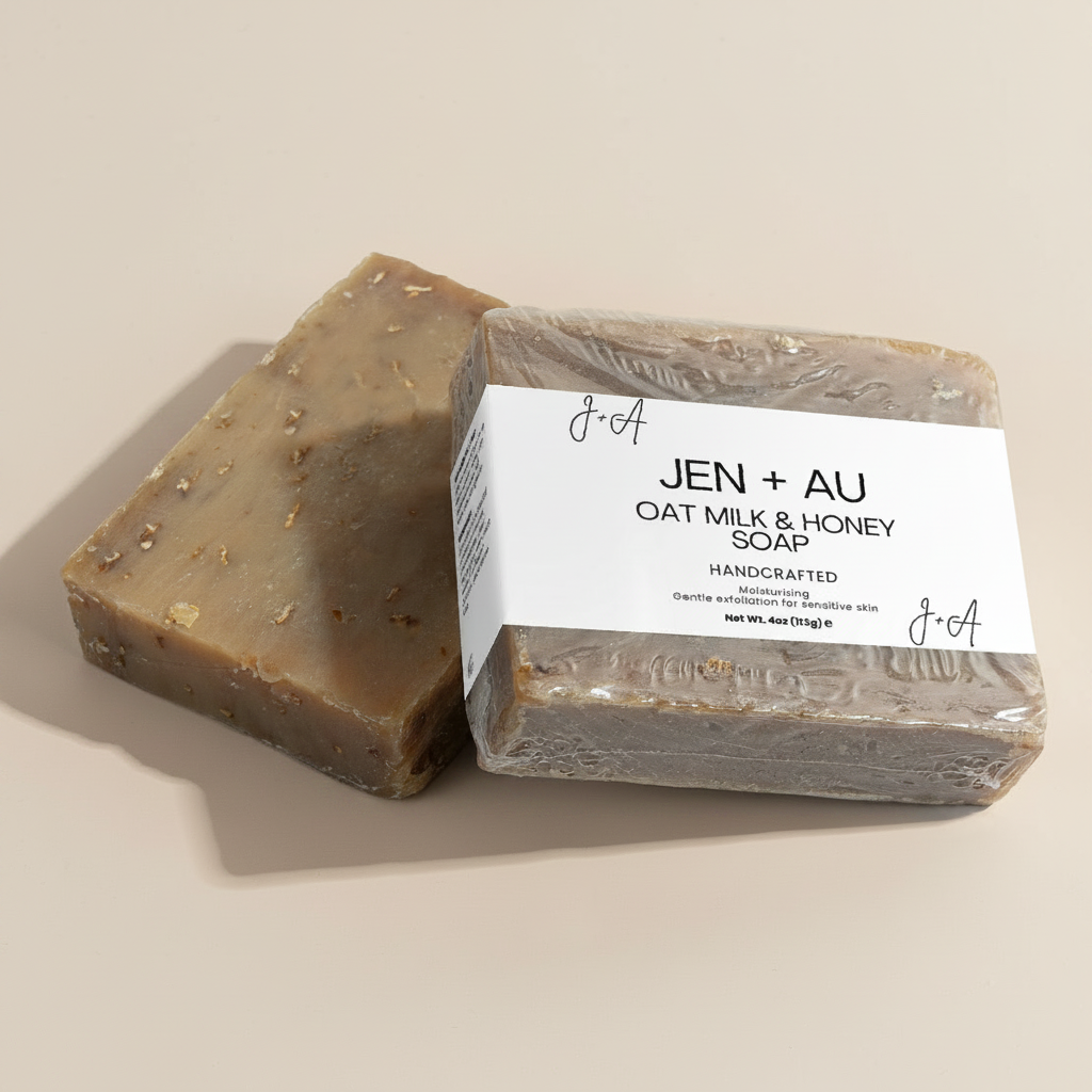 Jen + Au Oat Milk & Honey Soap with cream background