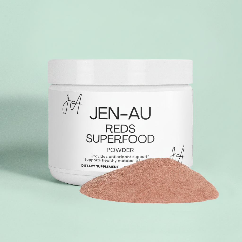 Jen-Au Reds Superfood Powder with Mint Background