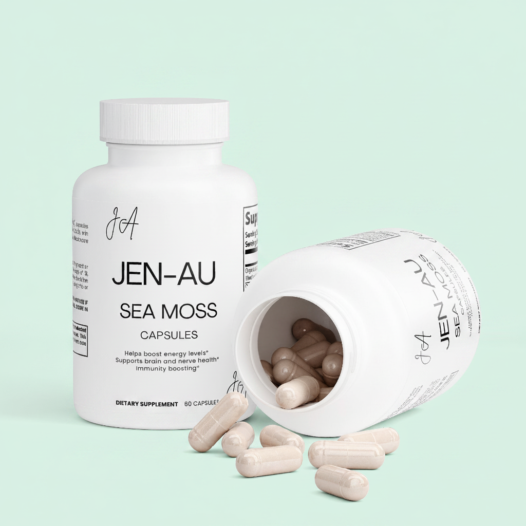 Jen-Au Sea Moss Capsules with Mint Background